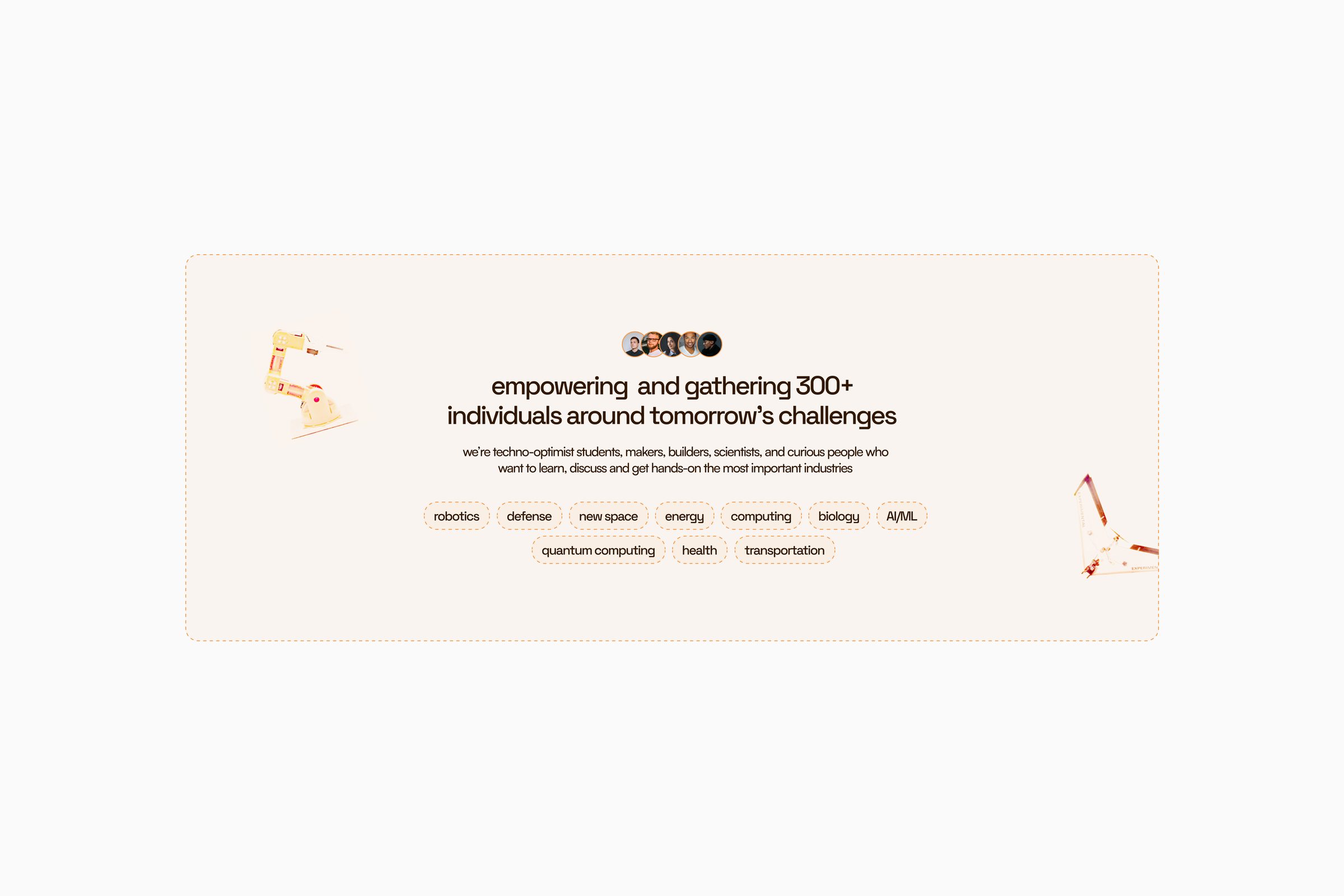 Nanoguild community site — the hero headline over tags for robotics, defense, new space, energy, biology and quantum computing.