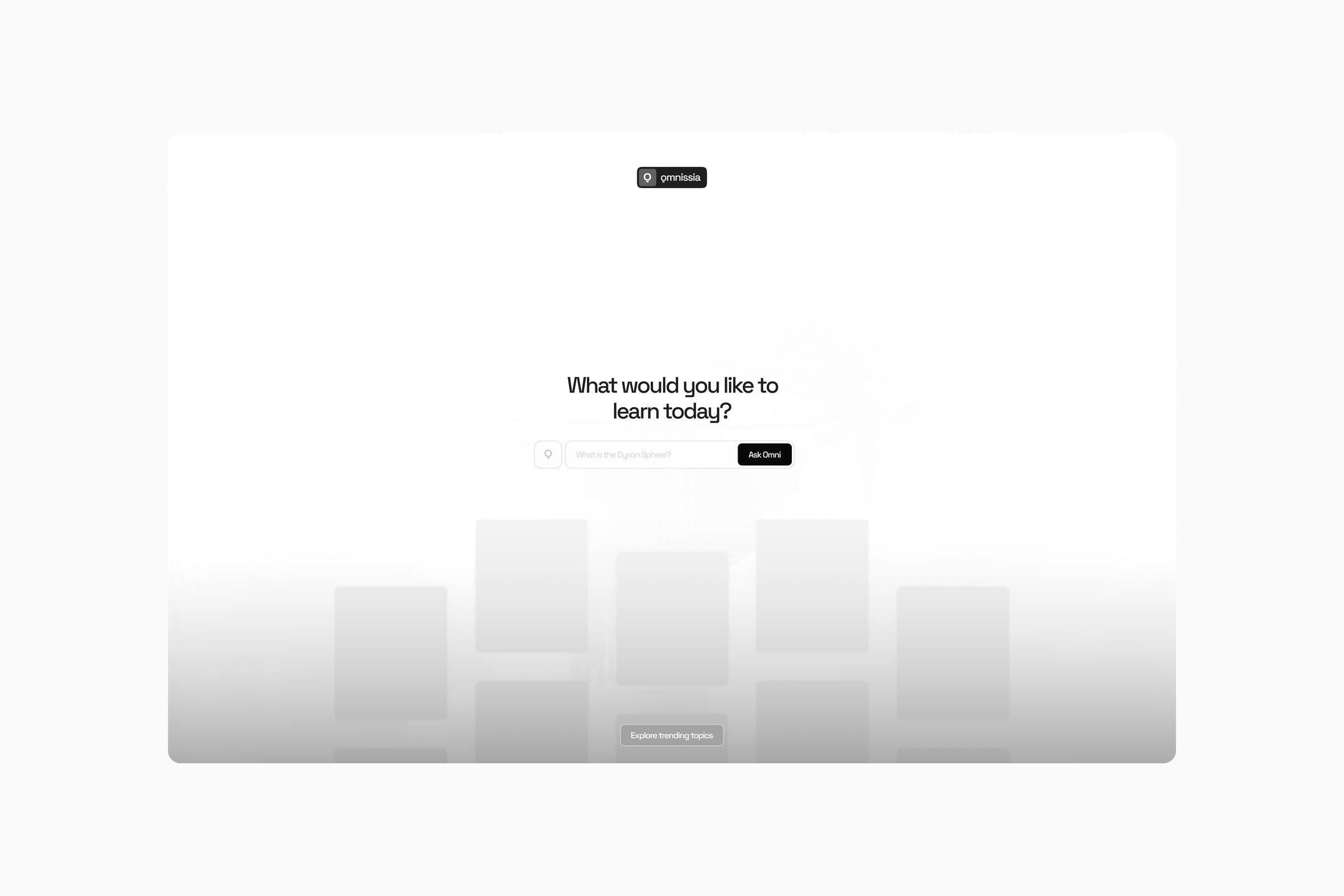 Omnissia learning interface, a pale home screen with an Ask Omni prompt over a blurred trending grid.