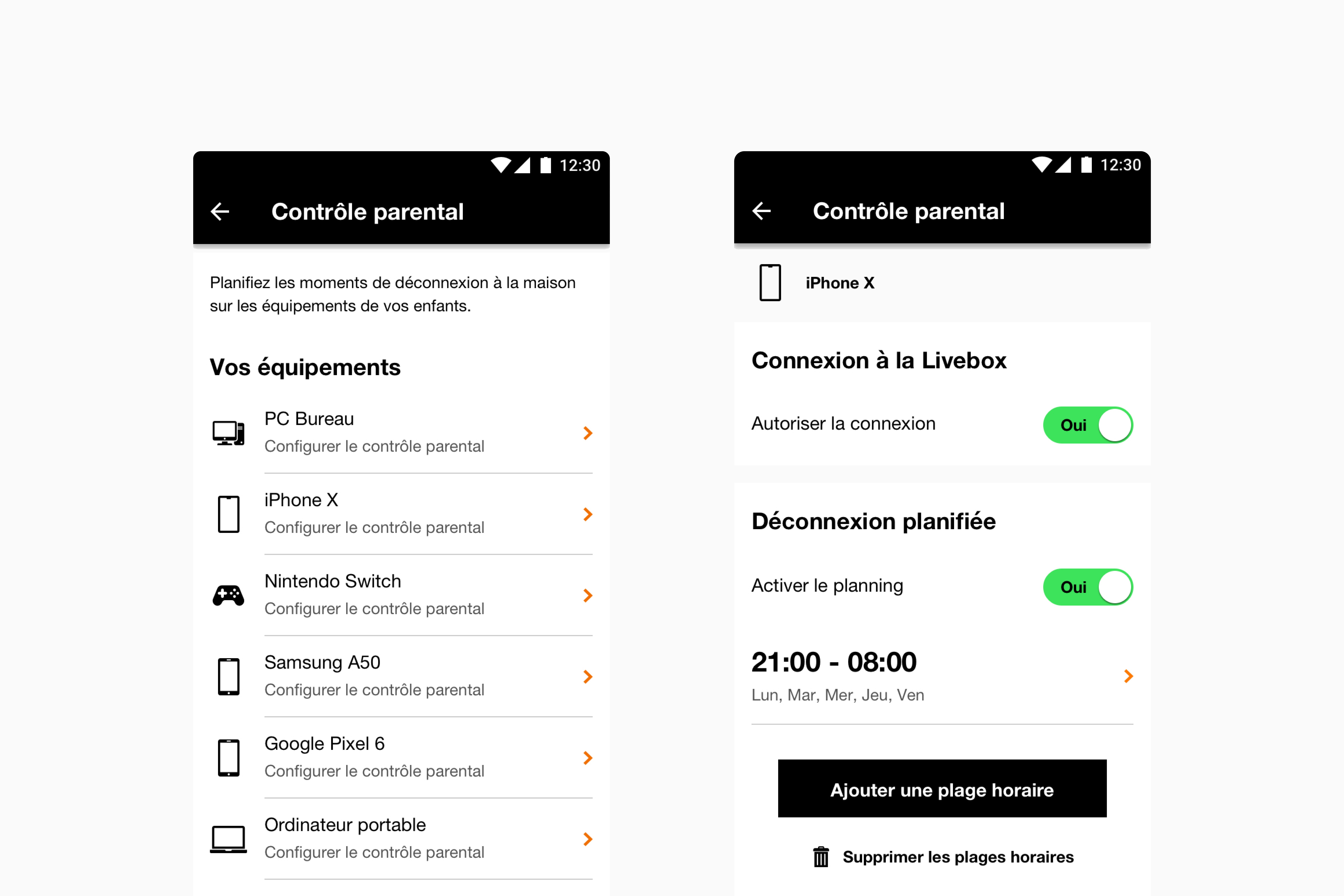 Orange Livebox parental controls on Android — the household device list beside the scheduled-disconnection settings.